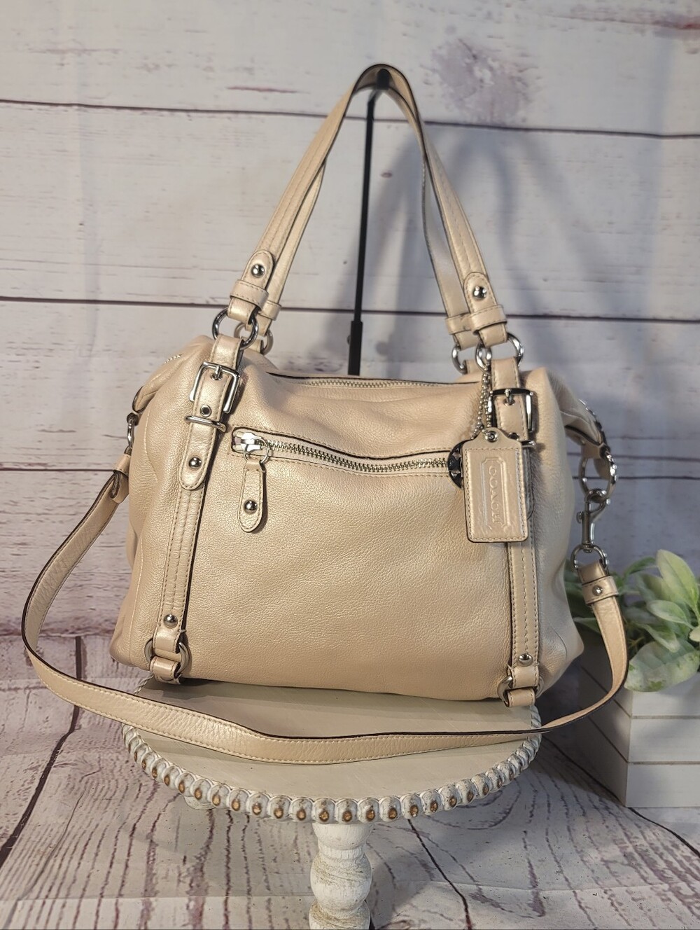 Coach Alexandra-Cream-Beige Leather Convertible Satchel Tote Shoulder Bag 15273